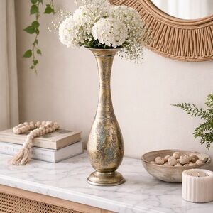 Vintage Etched Brass Floral Tall Vase Statement Home Decor Art Piece